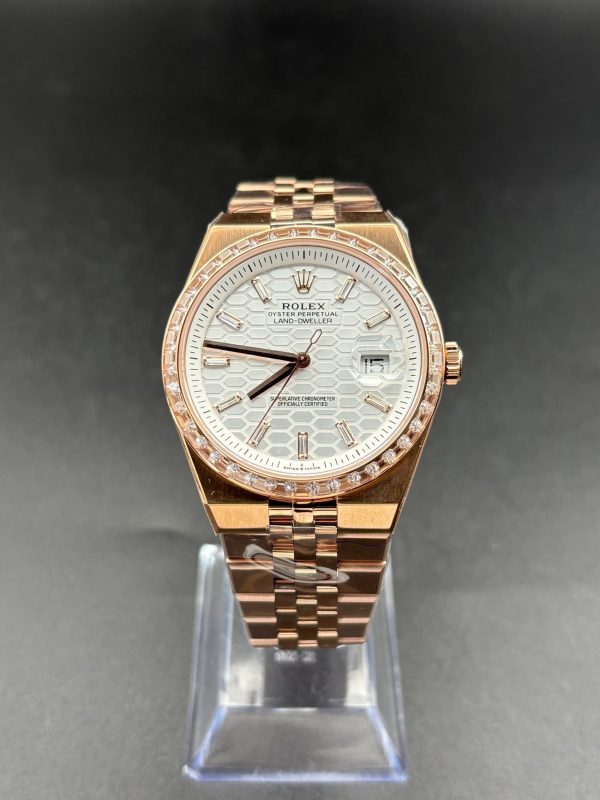Noob Factory Rolex Land-Dweller 127385TBR-003 Rose Gold White Dial Diamond Bezel Super Clone